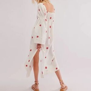 Free People Emory White Midi Dress with Red Floral Embroidery